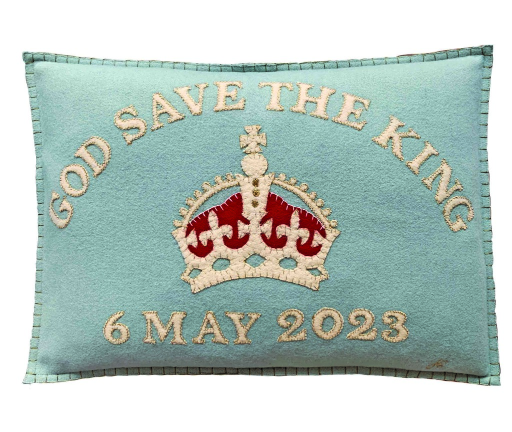 Above: Jan Constantine’s King Charles III crown cushion was inspired by St Edward’s Crown which will be used to crown the King.