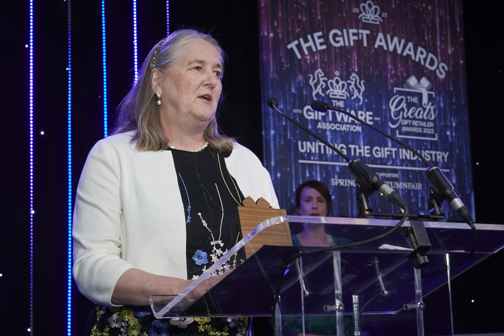 Above: Talking Table’s Clare Harris, winner of The Greats Outstanding Achievement Award, is shown on stage at The Gift Awards.