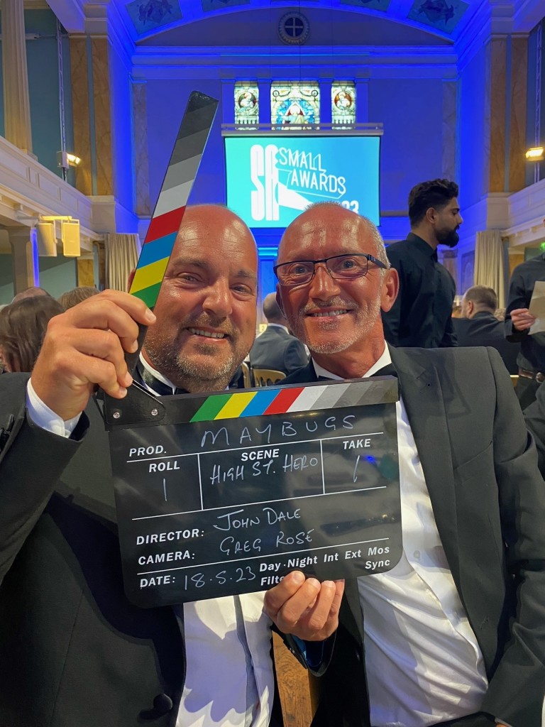 Above: Lights, camera, action: We won! Delighted smiles from Greg Rose and John Dale at The Small Awards.