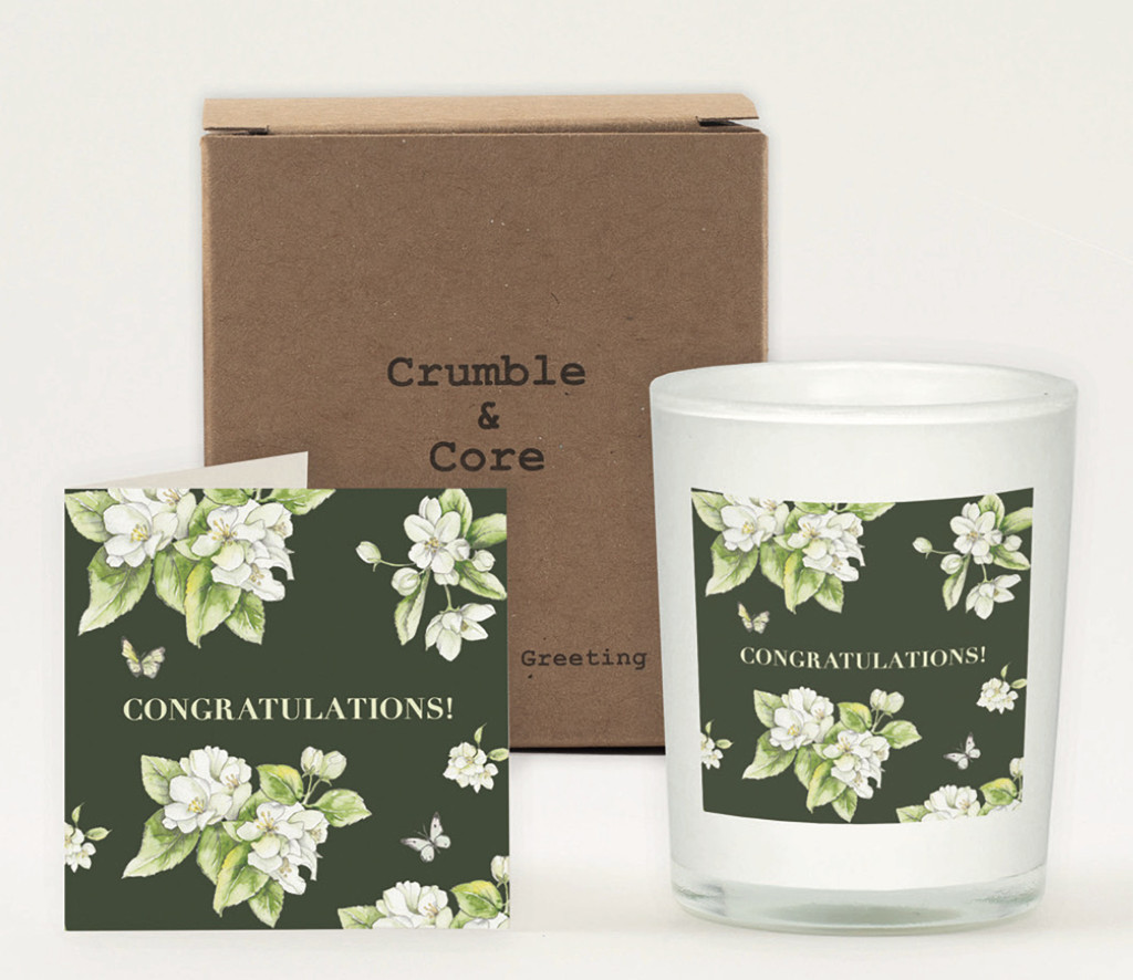 Above: New from Crumble & Core is a Bright Blooms candle and congratulations card.