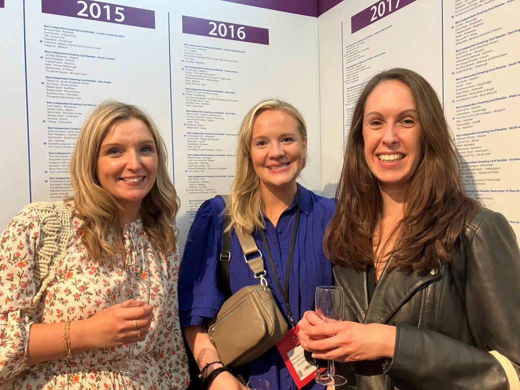 Above: Team Oliver Bonas included head of home and gift buying Kate Salmon (left) who is shown with colleagues Lucy (card buyer) and Nicola (merchandising). They are pictured at the champagne reception for Greats/Retas winners and finalists.