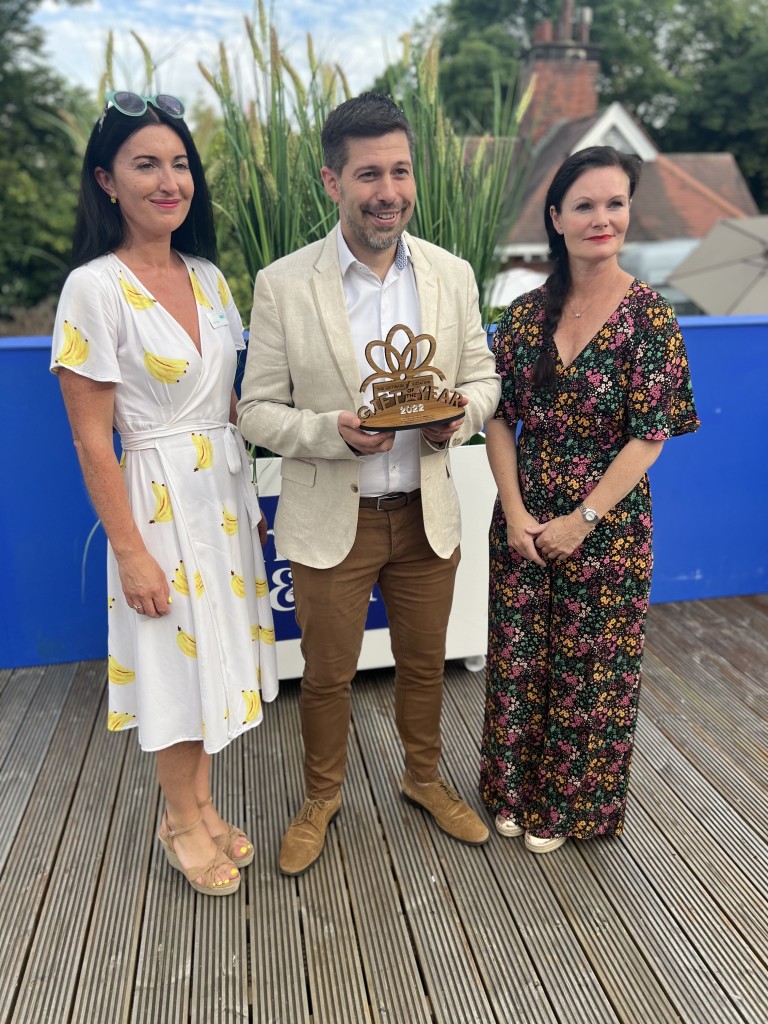 Above: Cardology’s David Falkner was presented with The Gift of the Year’s People’s Choice award at last year’s Home & Gift in Harrogate by Sarah Ward, ceo of The Giftware Association (right). On the left is Clarion’s portfolio director Zoe Bonser.