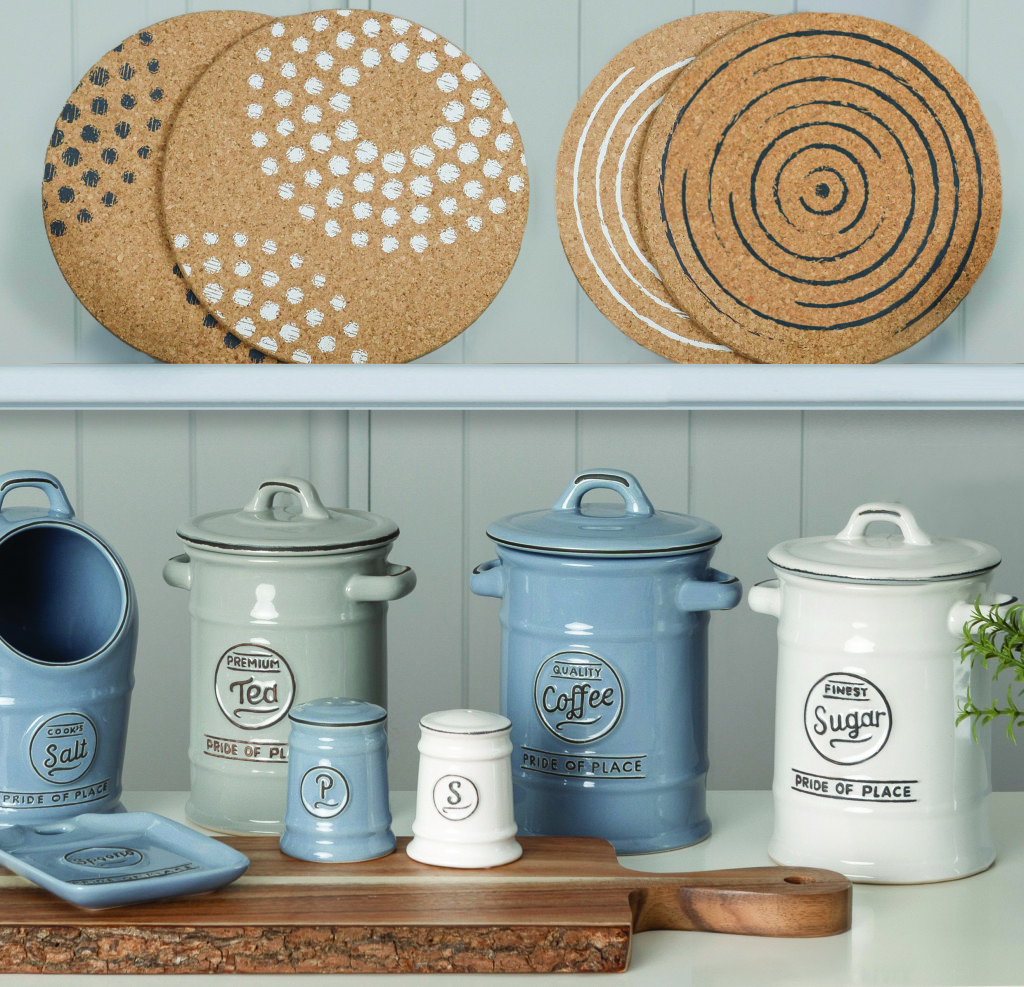 Above: T&G’s Pride of Place kitchen storage items are shown with Dots and Spirals cork table mats.