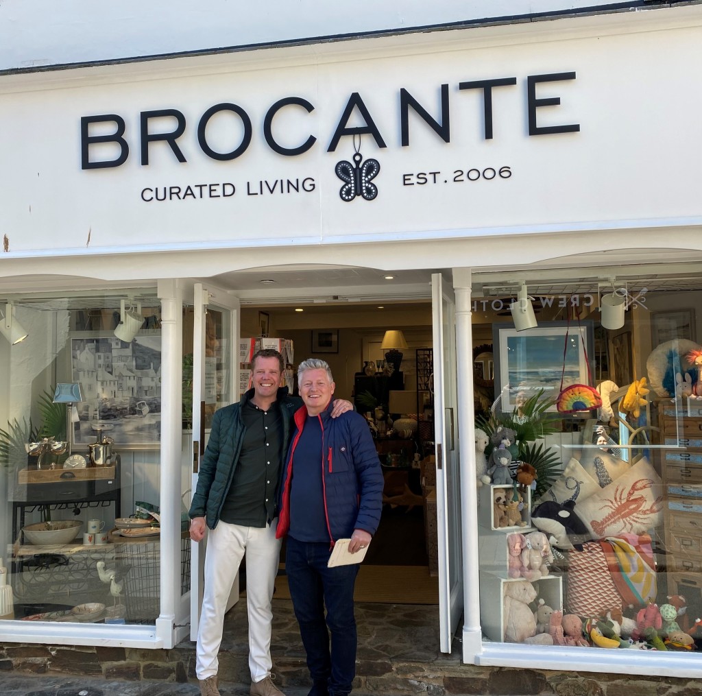 Above: Brocante’s co-owners Kieron Cockley (left) and David Lorimer are shown outside their Salcombe store in Devon, which opened in May.