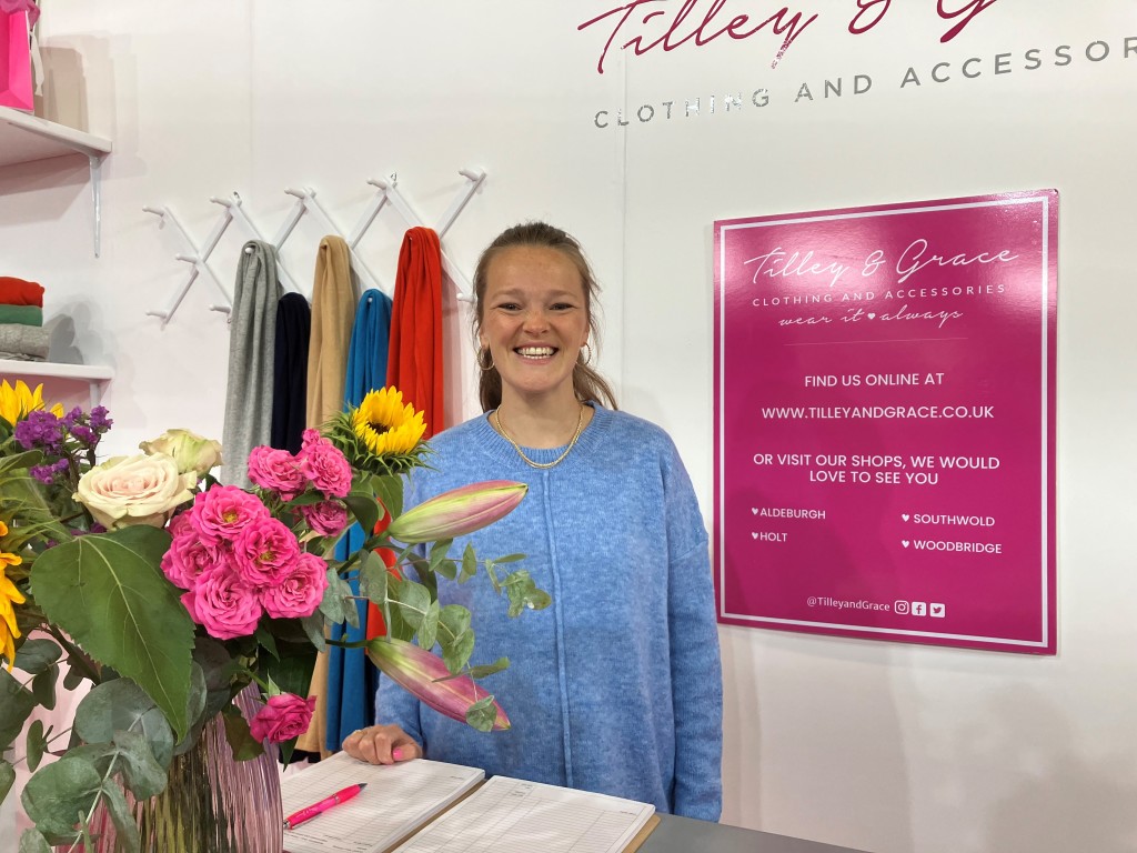 Above: Sophie Dunham on the Tilley & Grace stand.