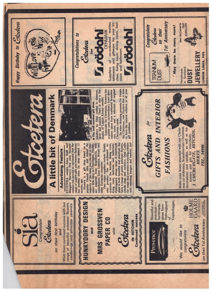 Above: An ad/feature in the local newspaper in 1983 highlighted Etcetera’s first anniversary.
