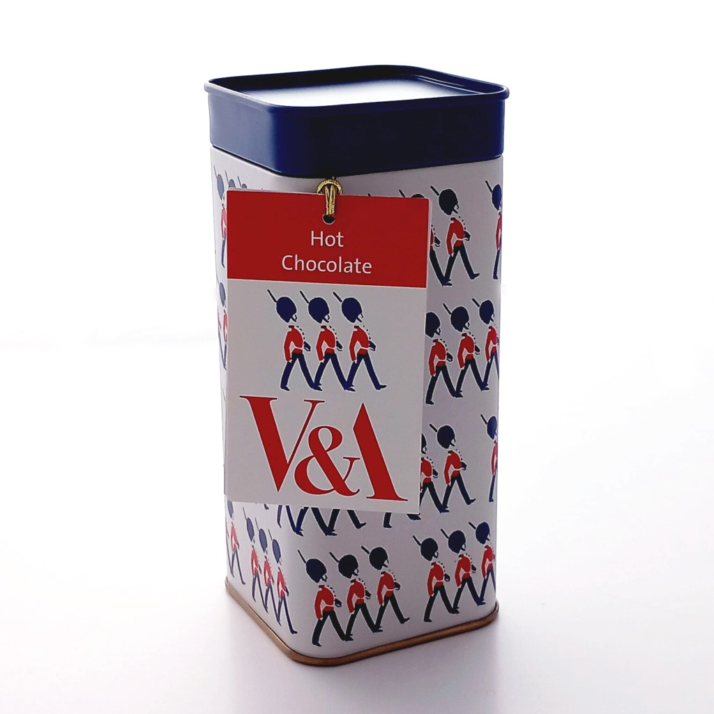 Above: A branded tin of hot chocolate is among the V & A’s licensed offer in food gifting.