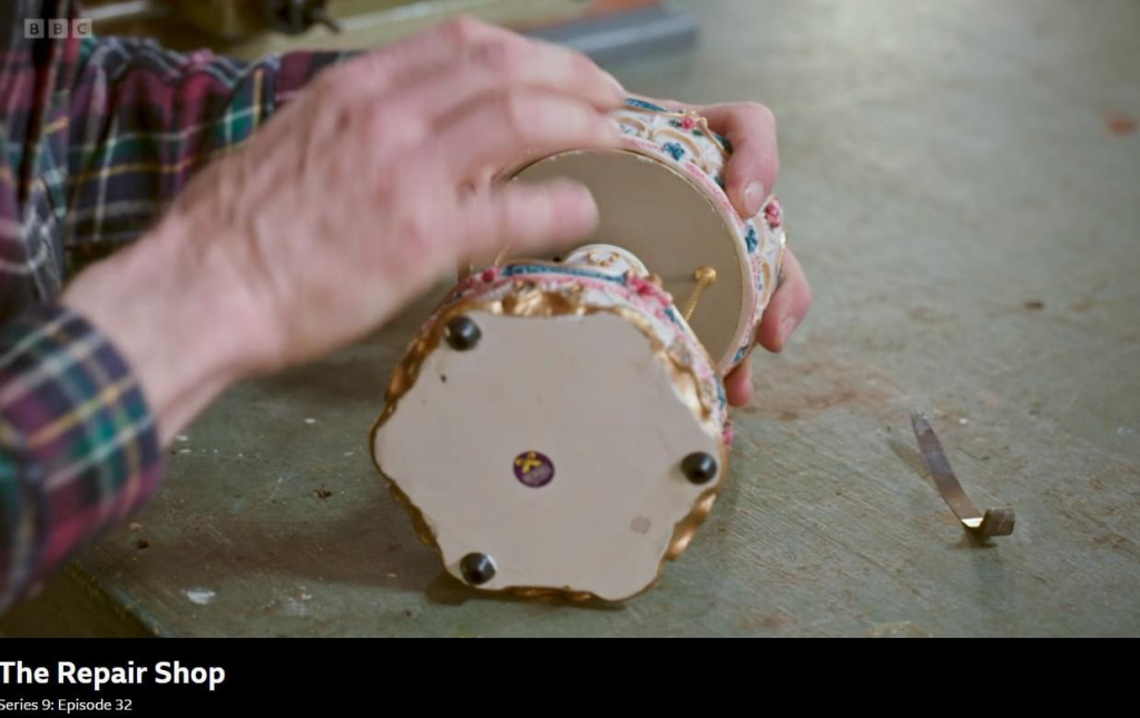 Above: A Repair Shop craftsman at work doing his best to fix the broken Joe Davies Shudehill carousel.