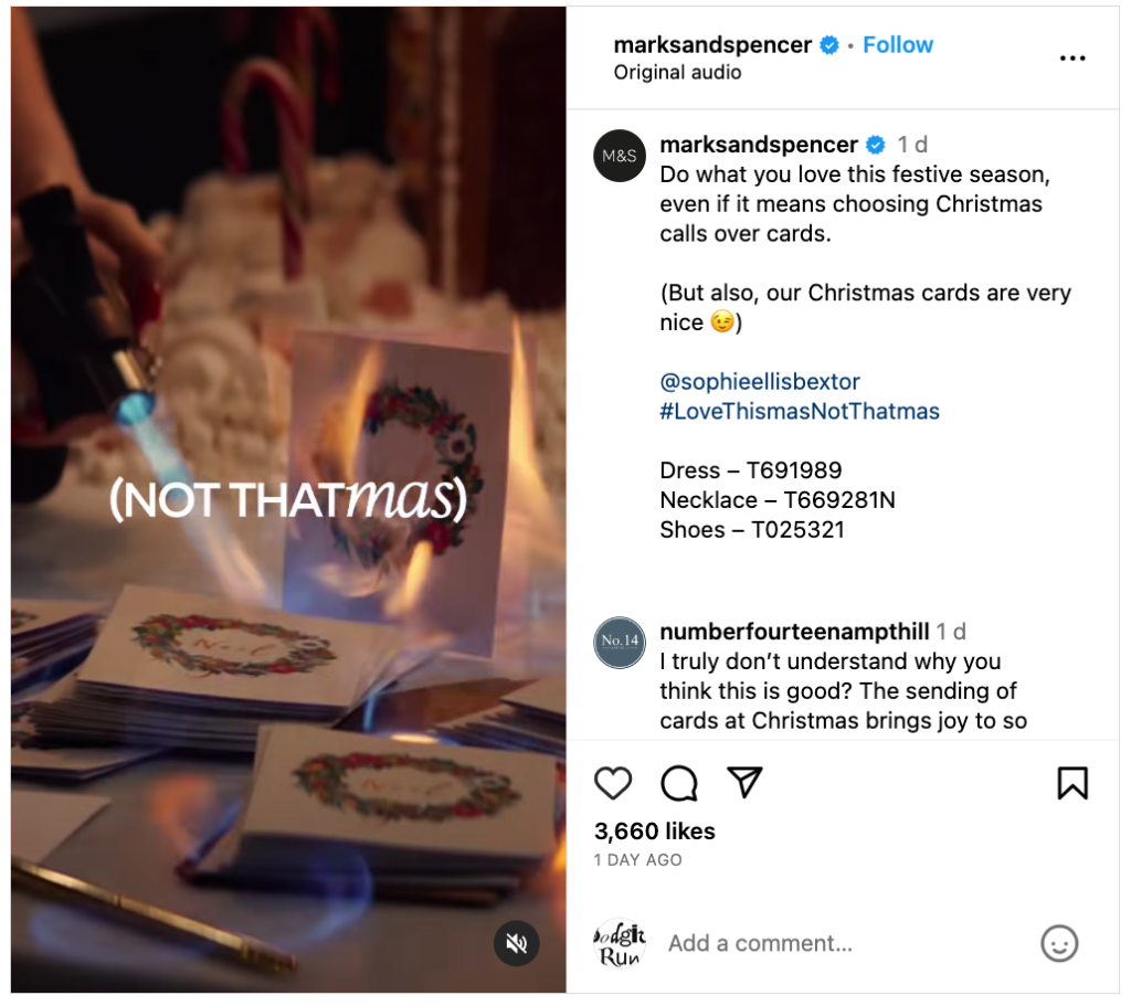 Above: M&S’s Instagram post about the ad that has received a backlash from the greeting card industry and the public.
