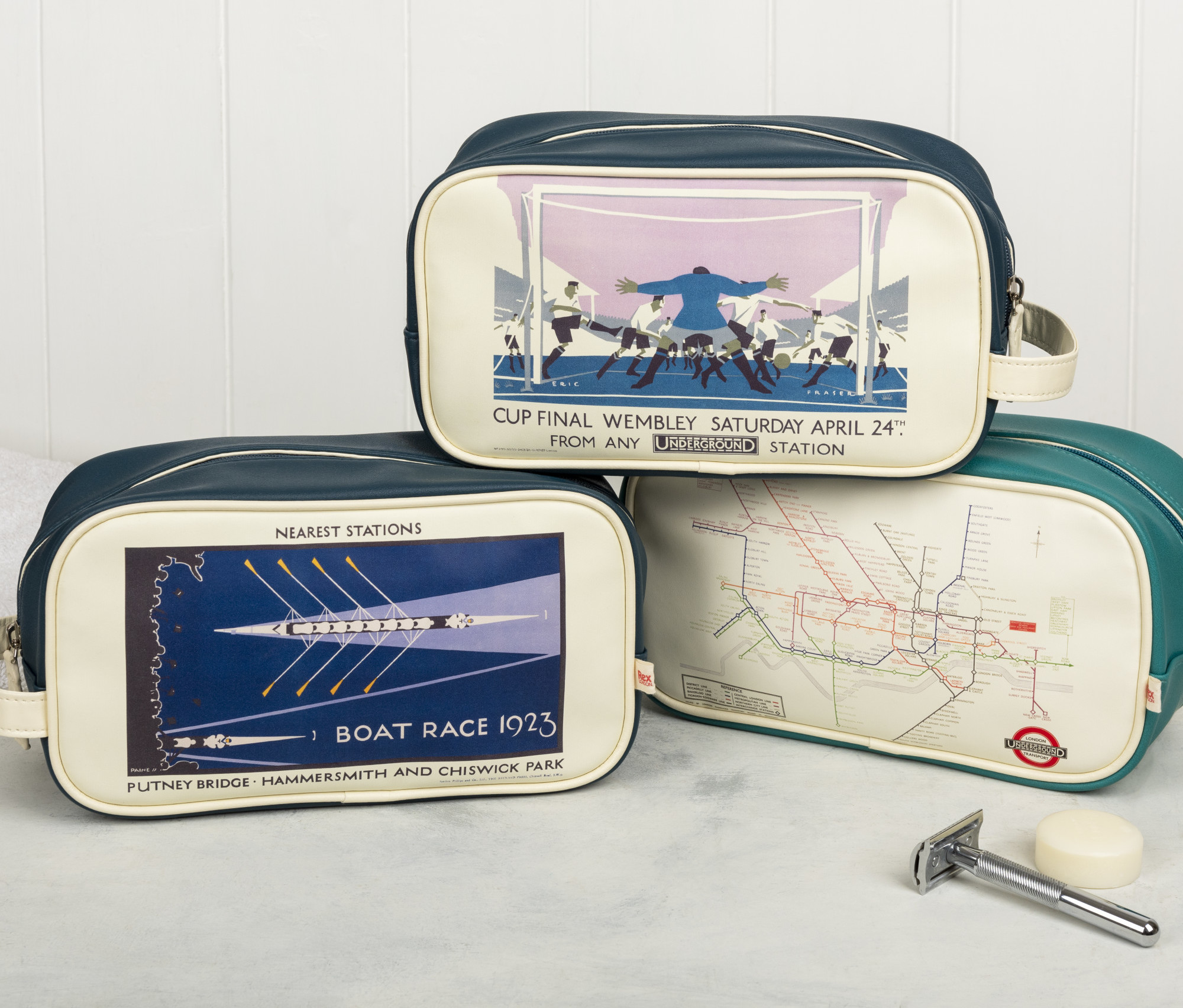 Above: A trio of wash bags feature the Boat Race, Cup Final and London tube map.