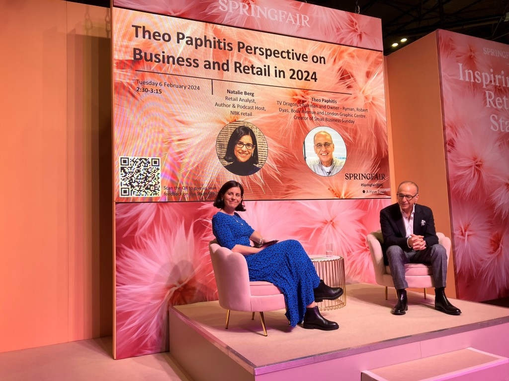 Above: Theo Paphitis took the Inspiring Retail Stage at Spring Fair to talk share his views about retail. Also shown is facilitator Natalie Berg.