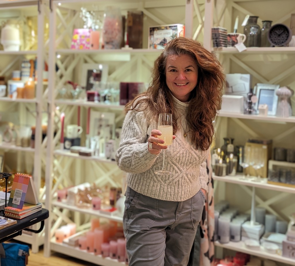 Above: Celebrating with a glass of bubbles on Monday night, Orange Blossom Home & Gift’s Shirley Maciver.