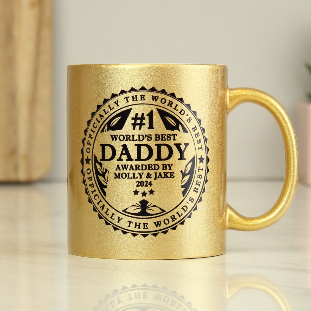 Above: Personalised World’s Best Gold Mug from PMC.
