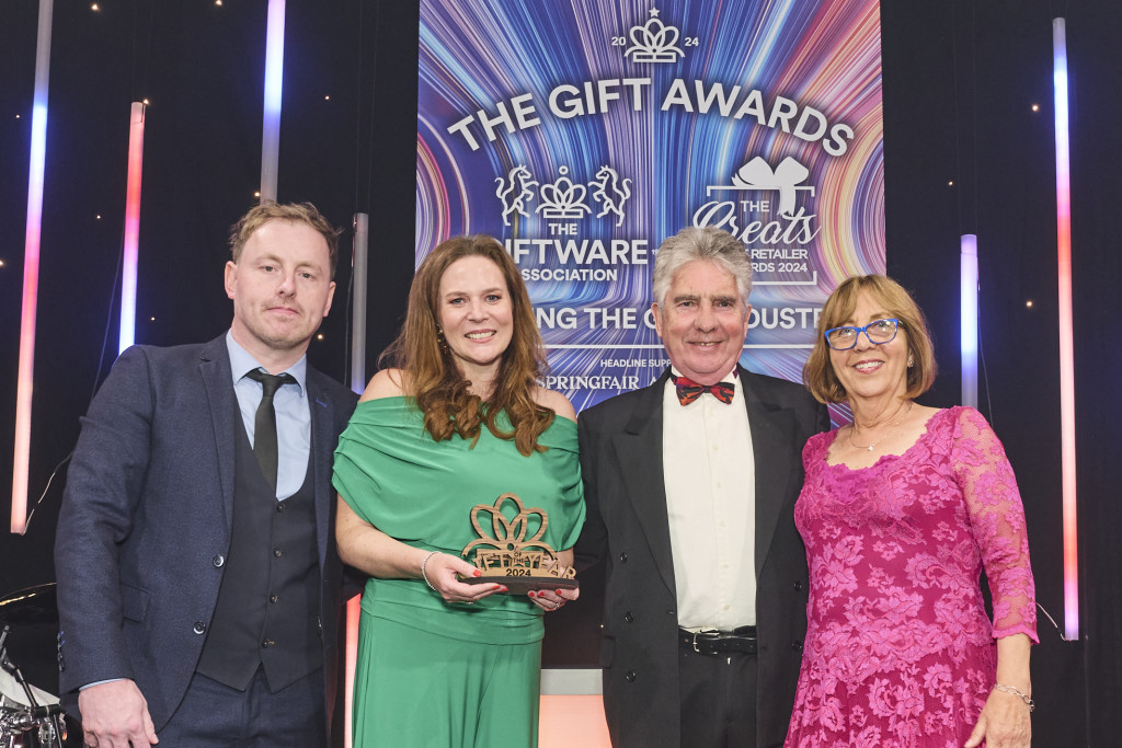 Above: Wrendale Designs’ Hannah Dale received the Outstanding Achievement Award, sponsored by the British Allied Trades Federation (BATF), from John Joyce & Kate Owen, past presidents of BATF.
