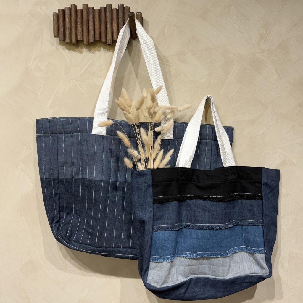 Above: Qalara’s upcycled denim collection for Heimtextil 2025-26, designed and produced by repurposing denim scraps.
